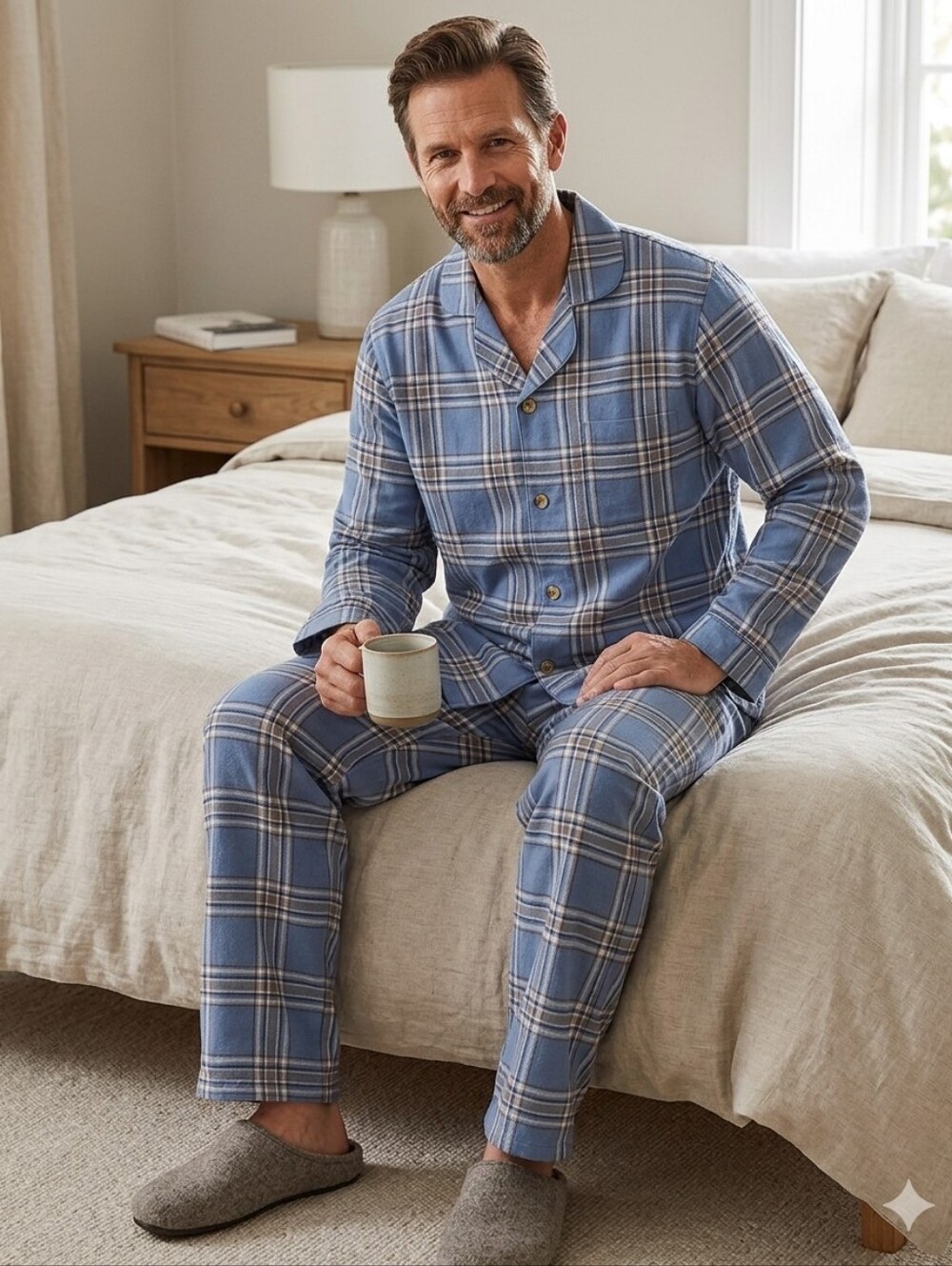 John Blair Men's Flannel Pajama Set Large L Blue Plaid 2 Piece Long Sleeve New
